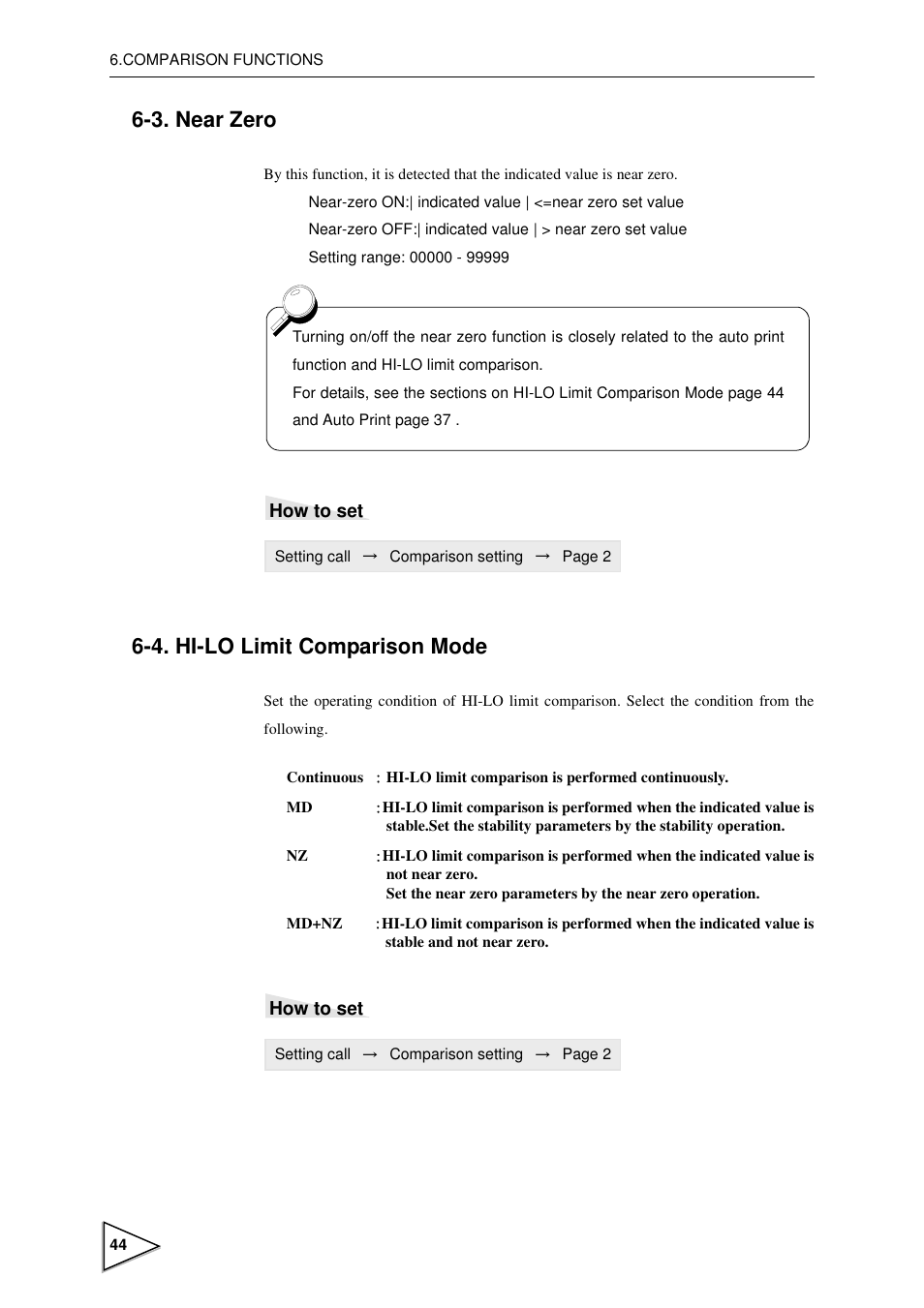 3. near zero, 4. hi-lo limit comparison mode, Near zero | Hi-lo limit comparison mode, P44) | FUTEK IPM600 (D610) Digital Display User Manual | Page 55 / 136