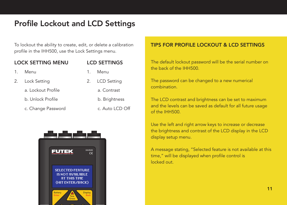 Profile lockout and lcd settings, Lock setting menu, Lcd settings | Tips for profile lockout & lcd settings | FUTEK IHH500 Series User Manual | Page 11 / 24