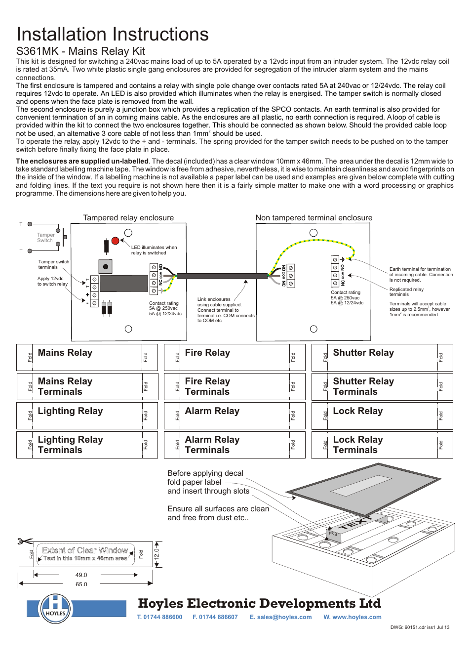 Hoyles Mains rated relay kit User Manual | 1 page