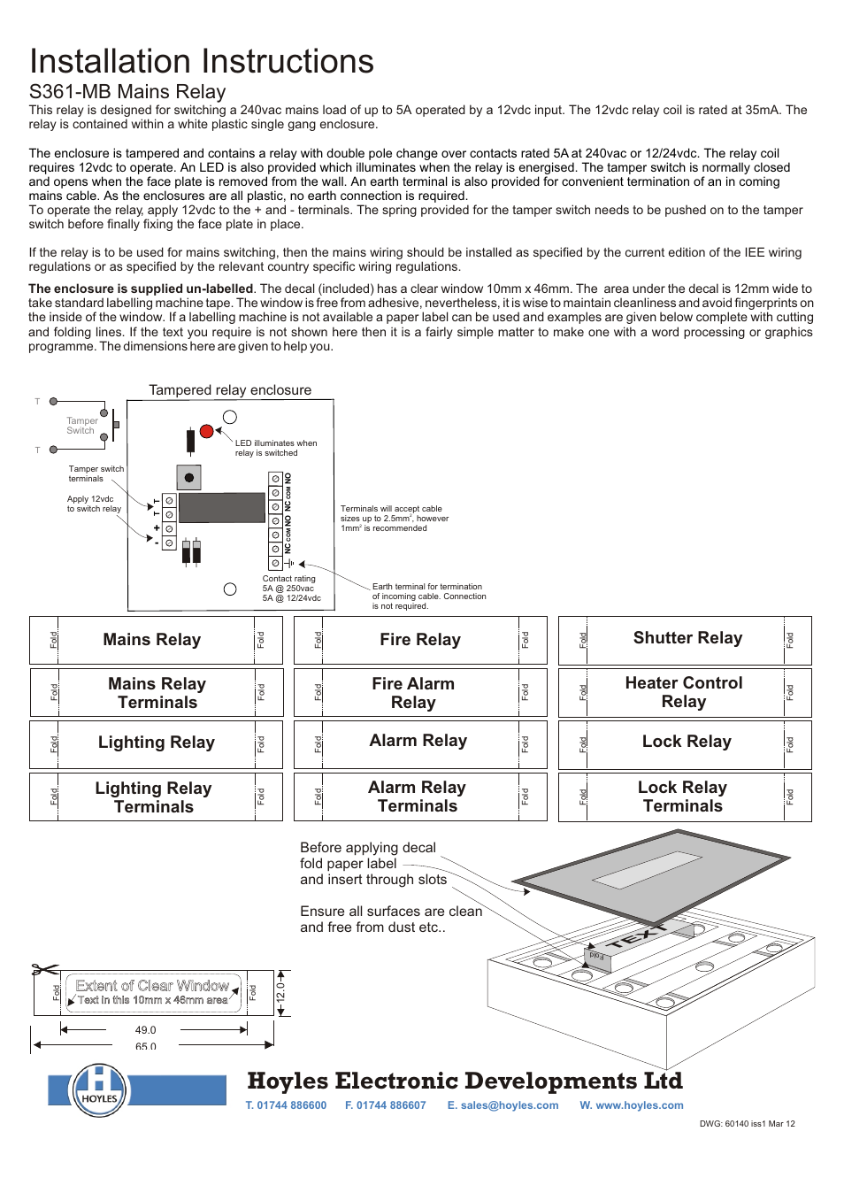 Hoyles Boxed Mains Rated Relay Module User Manual | 1 page