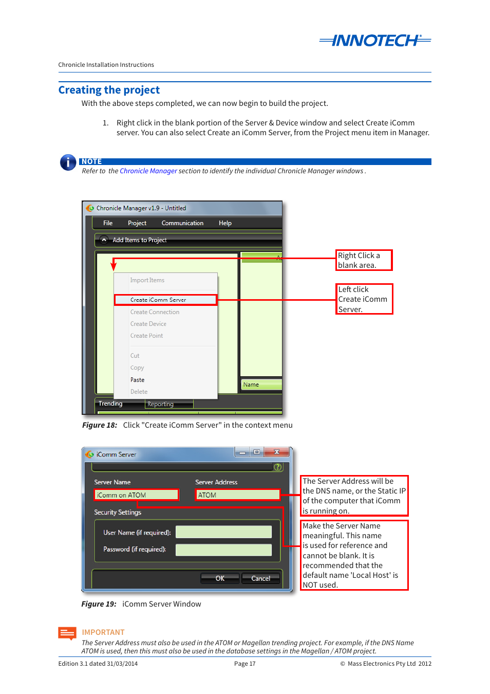 Creating the project, Figure 18, Figure 19 | Click "create icomm server" in the context menu, Icomm server window, Figure 18: figure 19 | Innotech Chronicle User Manual | Page 17 / 34