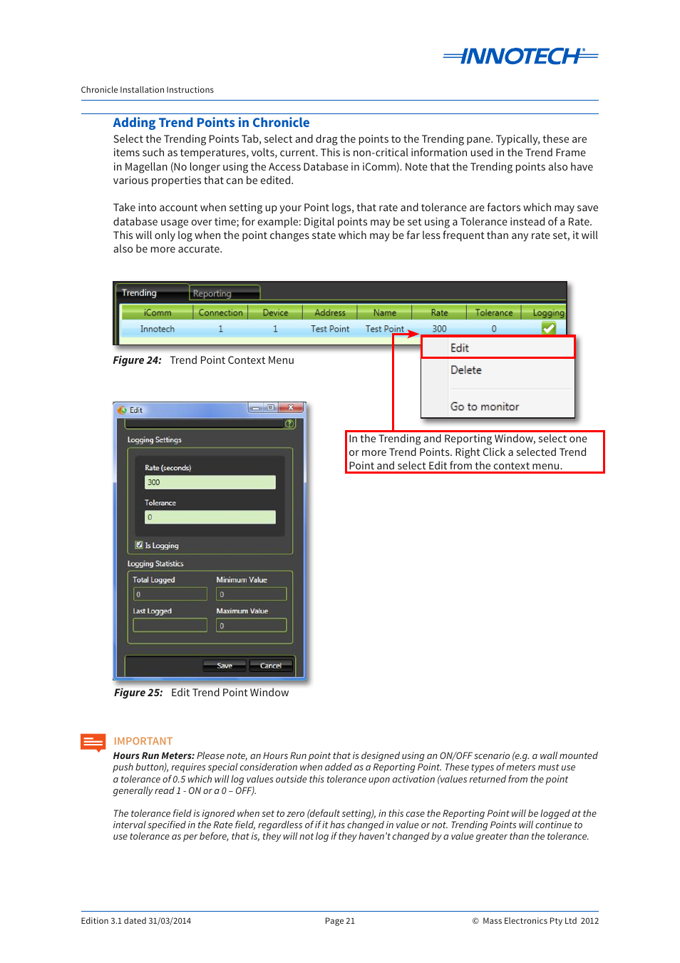 Adding trend points in chronicle, Figure 24, Figure 25 | Trend point context menu, Edit trend point window, Trend point context menu edit trend point window, Figure 24: figure 25 | Innotech Chronicle User Manual | Page 21 / 34