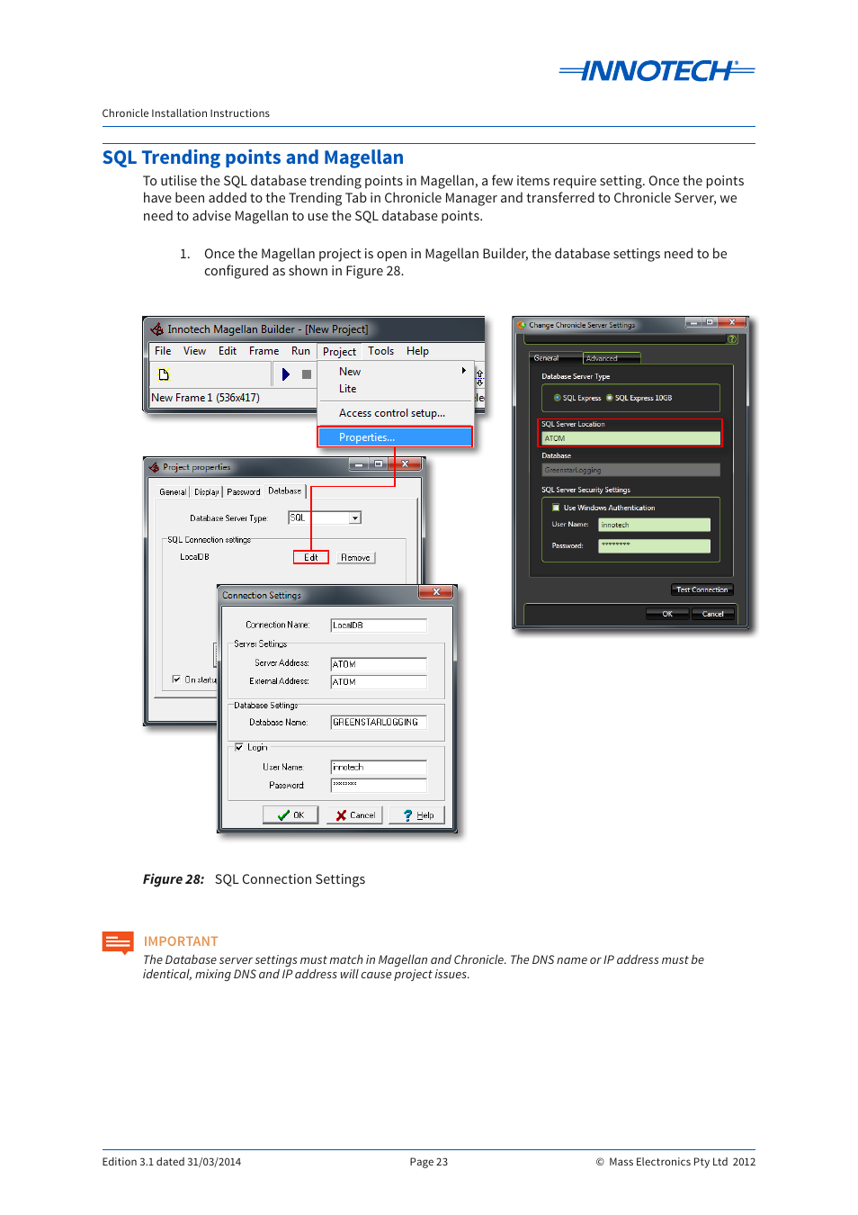 Sql trending points and magellan, Figure 28, Sql connection settings | Innotech Chronicle User Manual | Page 23 / 34