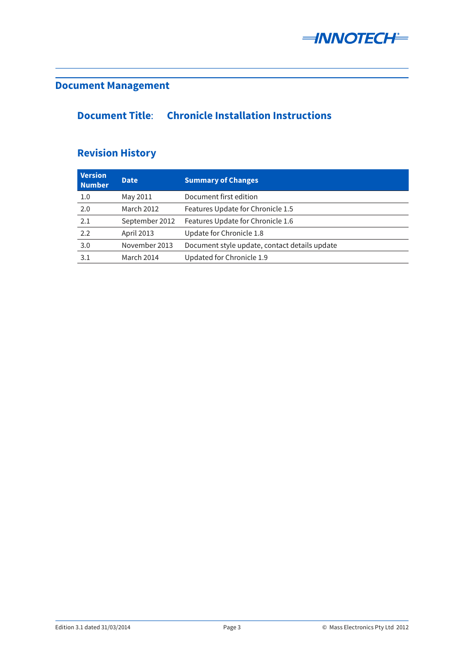 Document management, Document management document title | Innotech Chronicle User Manual | Page 3 / 34