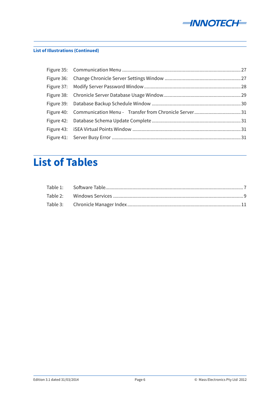 List of tables | Innotech Chronicle User Manual | Page 6 / 34
