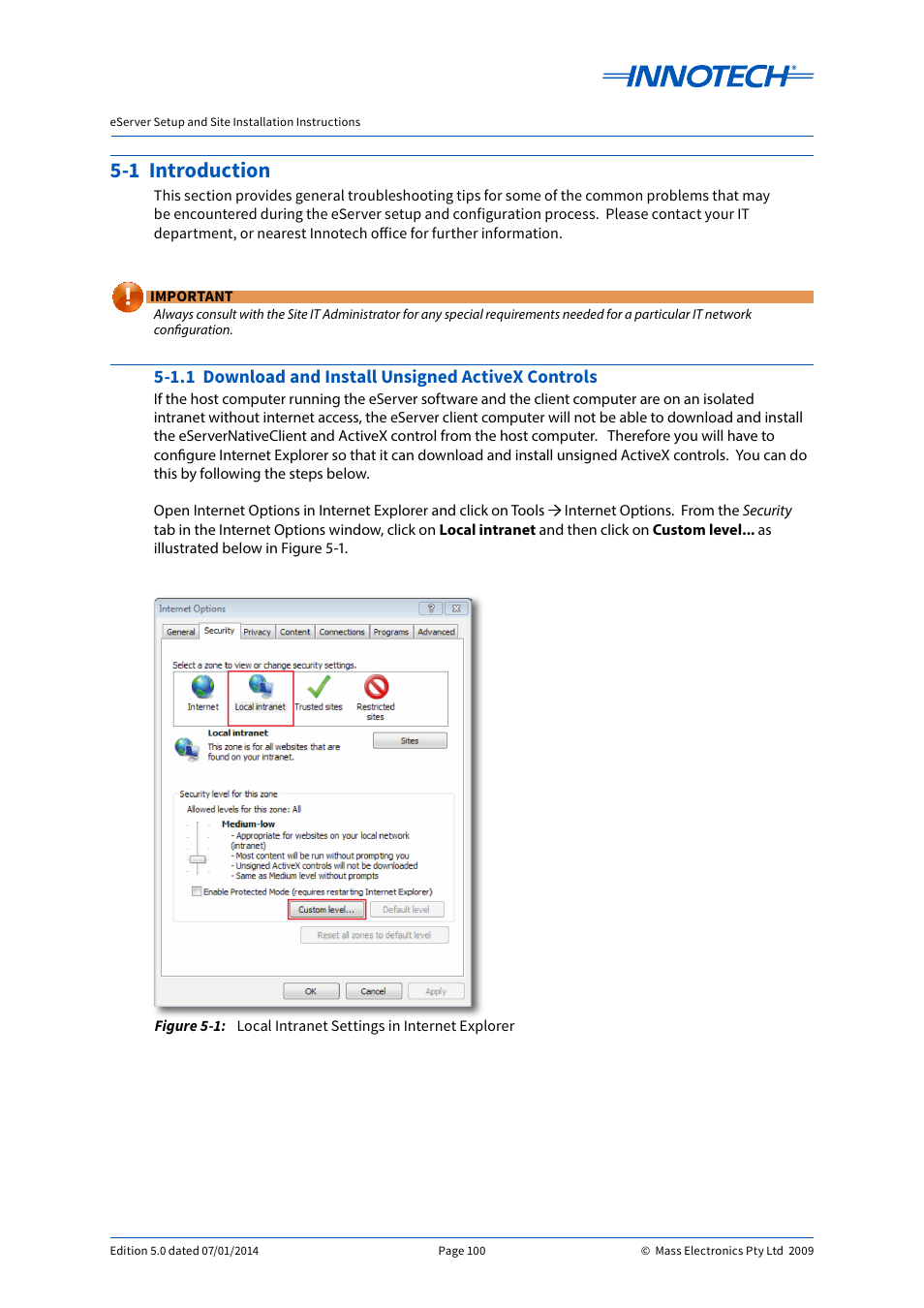 1 introduction, 1.1 download and install unsigned activex controls, Local intranet settings in internet explorer | Innotech eServer User Manual | Page 100 / 118