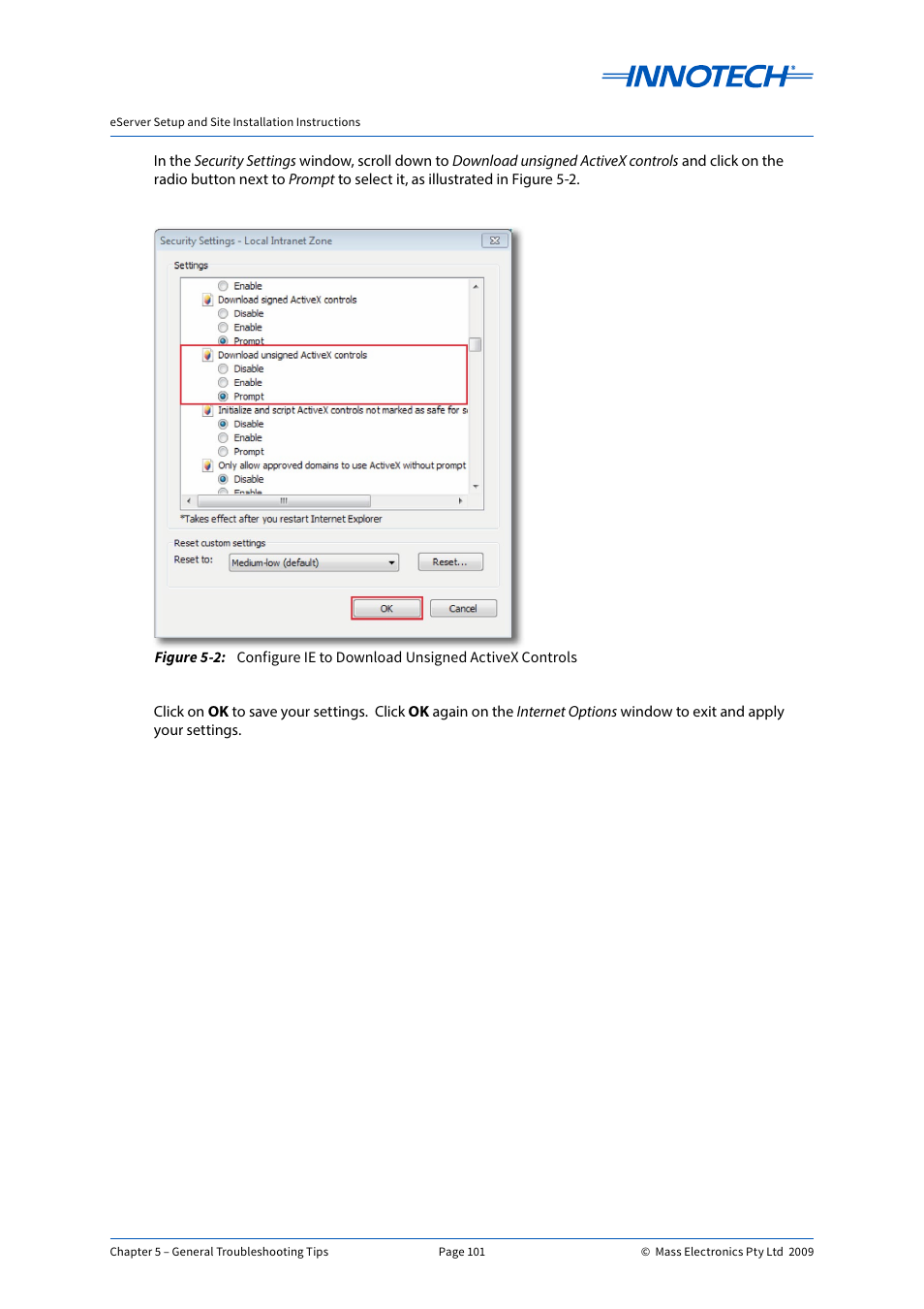 Configure ie to download unsigned activex controls | Innotech eServer User Manual | Page 101 / 118