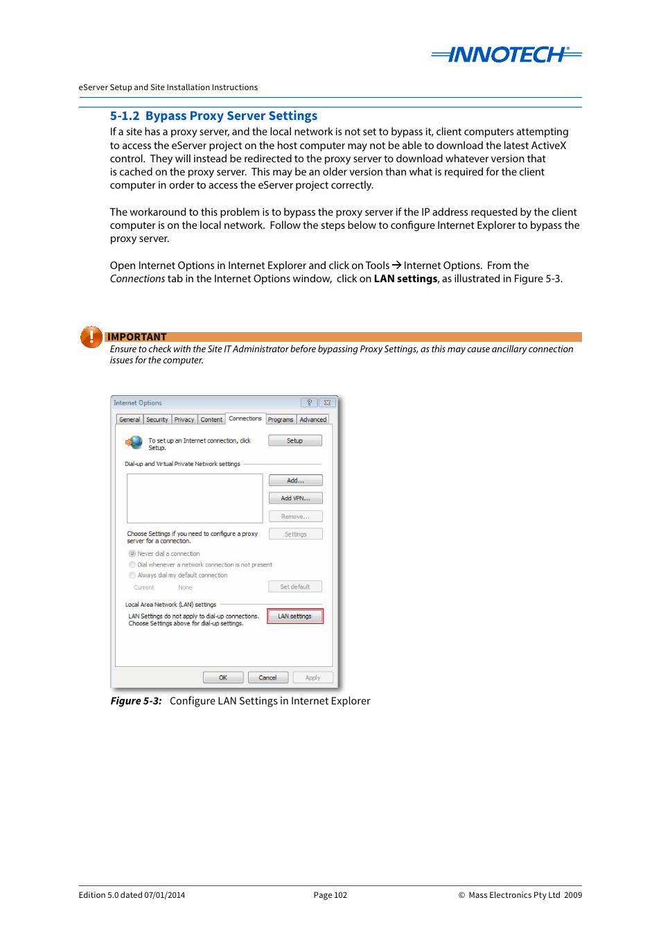 1.2 bypass proxy server settings, Configure lan settings in internet explorer | Innotech eServer User Manual | Page 102 / 118