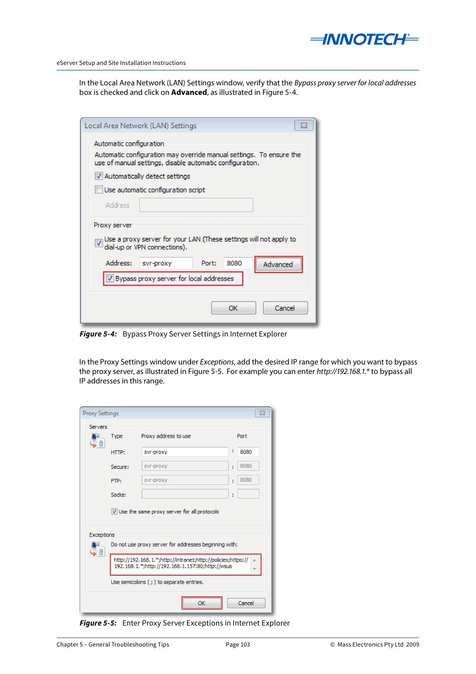 Bypass proxy server settings in internet explorer, Enter proxy server exceptions in internet explorer | Innotech eServer User Manual | Page 103 / 118