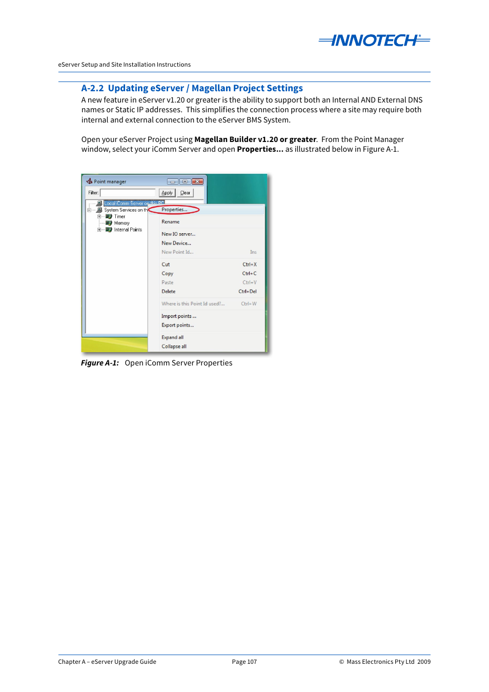 A-2.2 updating eserver / magellan project settings, Open icomm server properties | Innotech eServer User Manual | Page 107 / 118