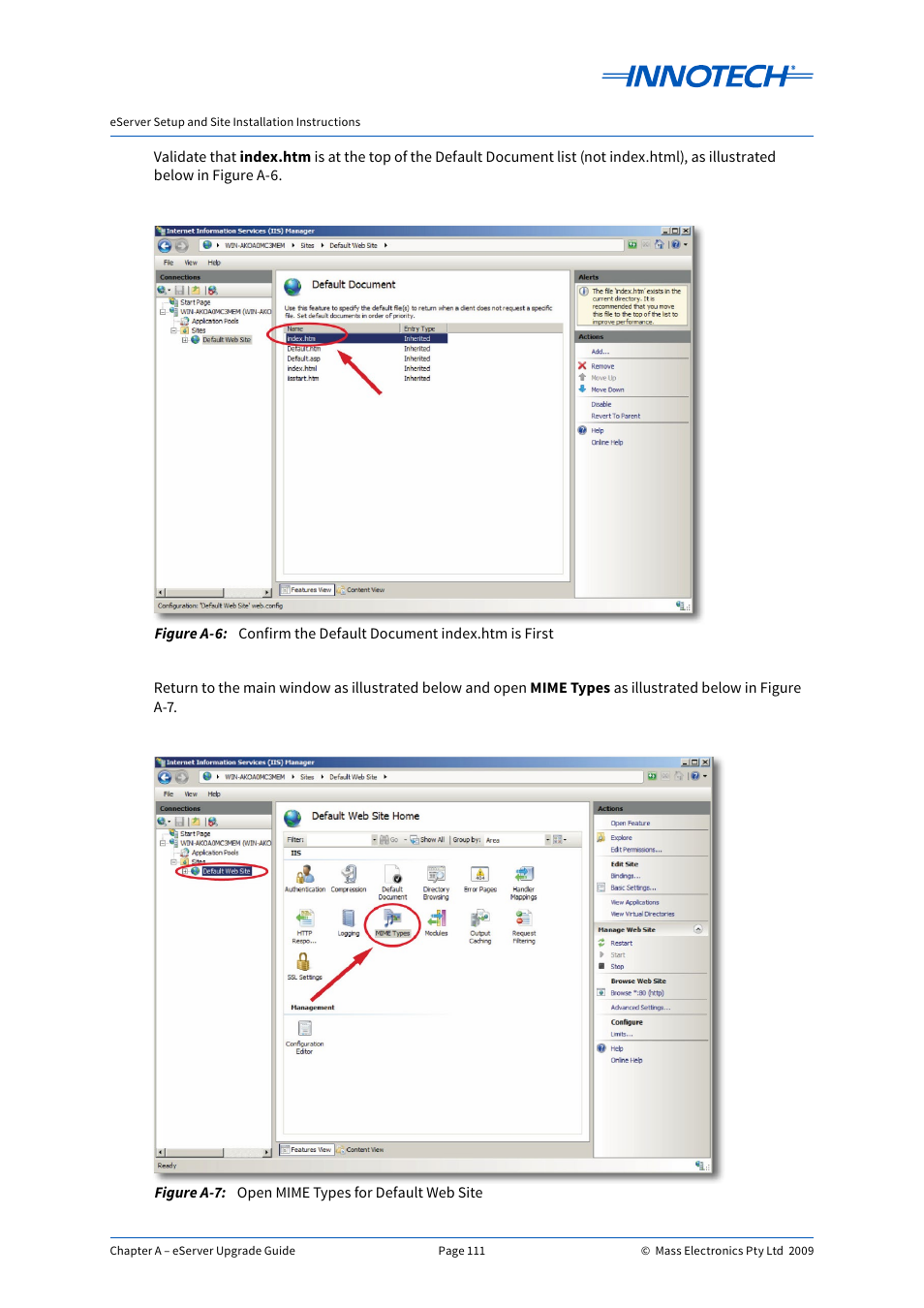 Confirm the default document index.htm is first, Open mime types for default web site | Innotech eServer User Manual | Page 111 / 118