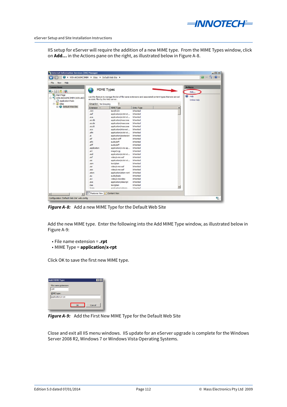 Add a new mime type for the default web site | Innotech eServer User Manual | Page 112 / 118