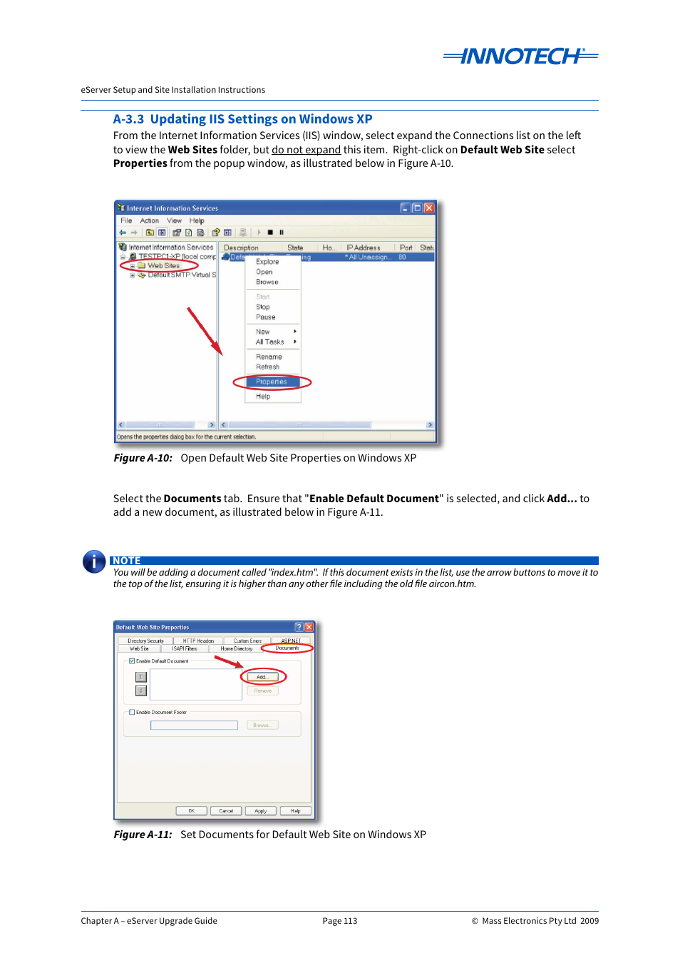A-3.3 updating iis settings on windows xp, Open default web site properties on windows xp, Set documents for default web site on windows xp | E a-10, E a-11 | Innotech eServer User Manual | Page 113 / 118