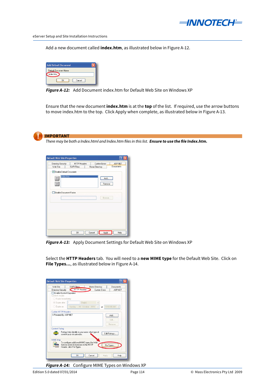 Configure mime types on windows xp, E a-12, E a-13 | E a-14 | Innotech eServer User Manual | Page 114 / 118