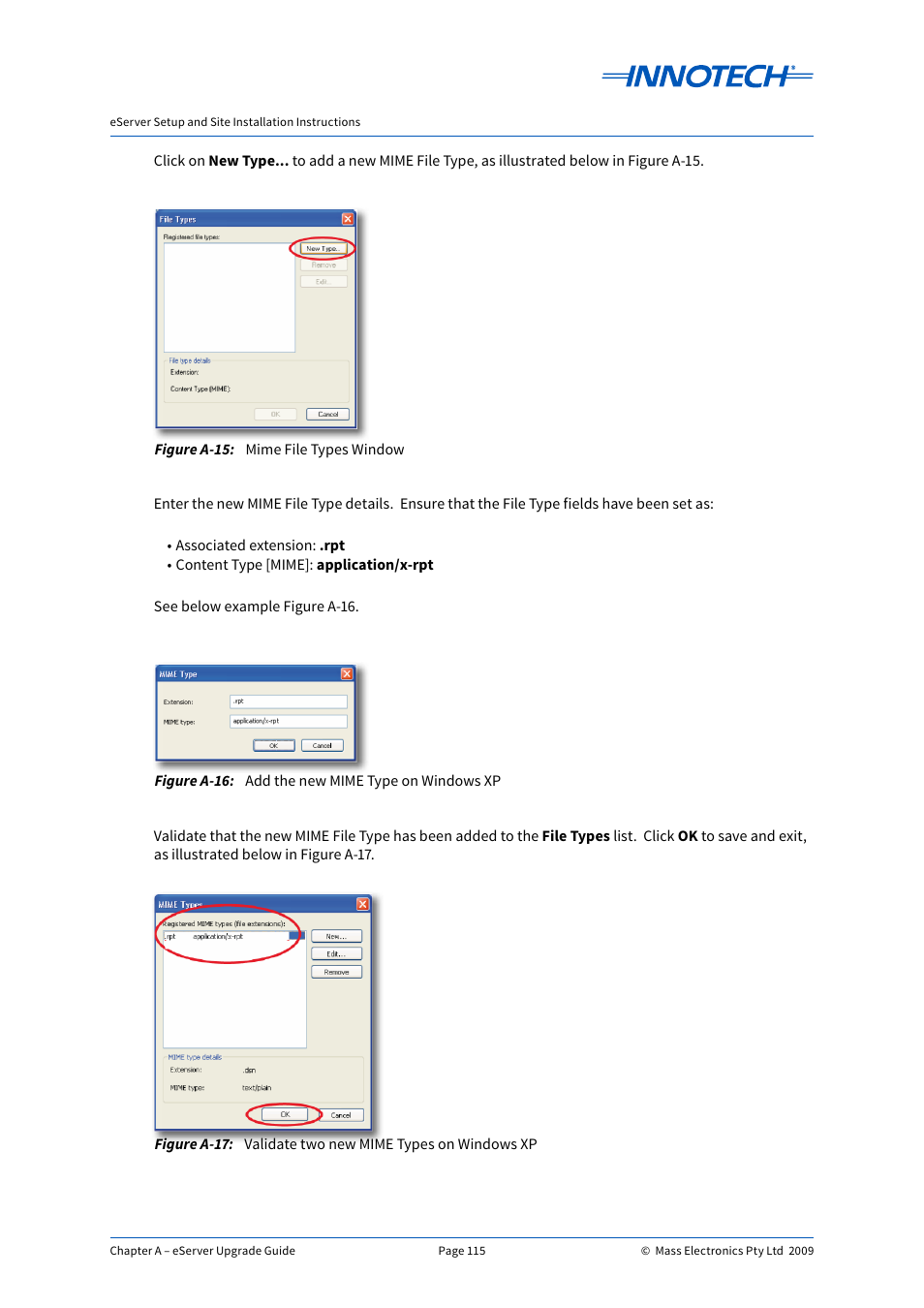 Mime file types window, Add the new mime type on windows xp, Validate two new mime types on windows xp | E a-15, E a-16, E a-17 | Innotech eServer User Manual | Page 115 / 118