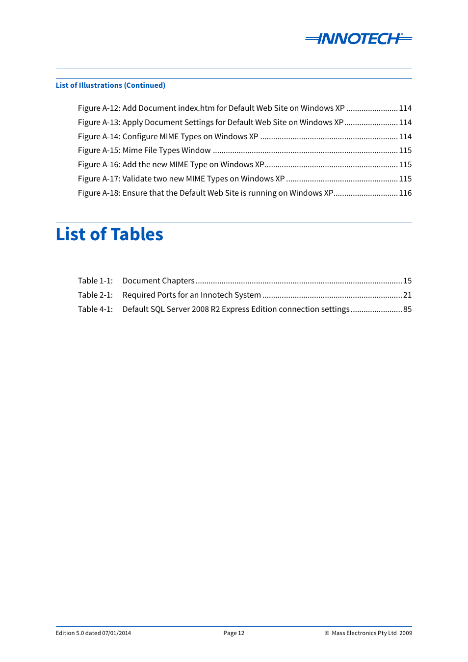 List of tables | Innotech eServer User Manual | Page 12 / 118