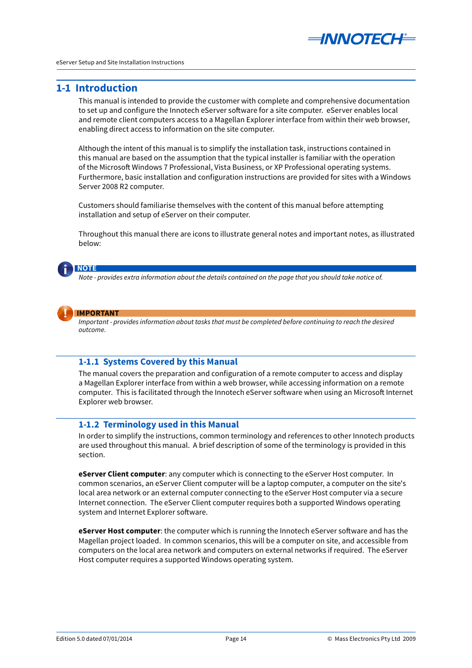 1 introduction, 1.1 systems covered by this manual, 1.2 terminology used in this manual | Innotech eServer User Manual | Page 14 / 118
