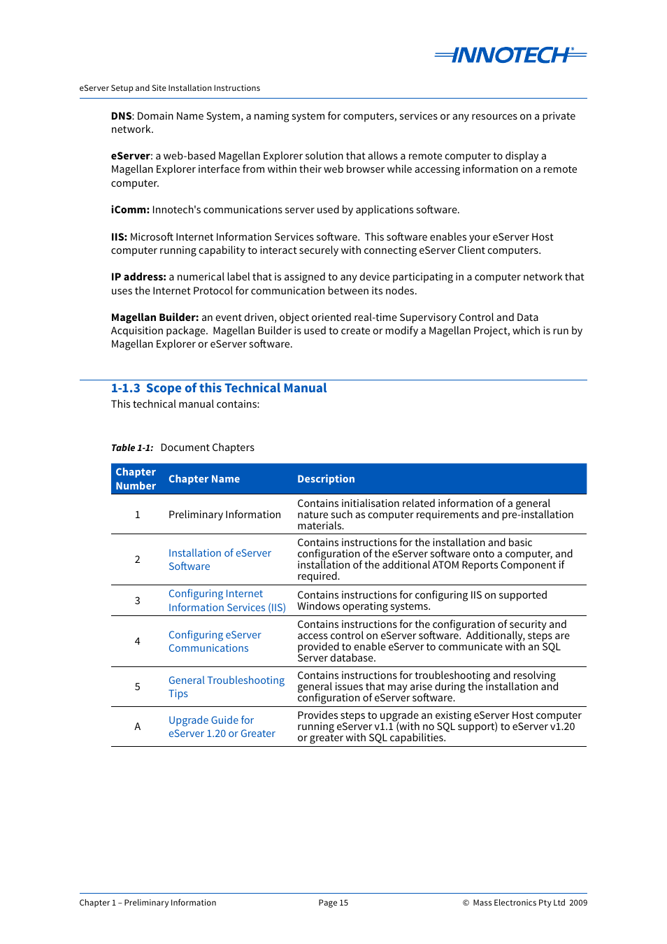 1.3 scope of this technical manual, Document chapters | Innotech eServer User Manual | Page 15 / 118