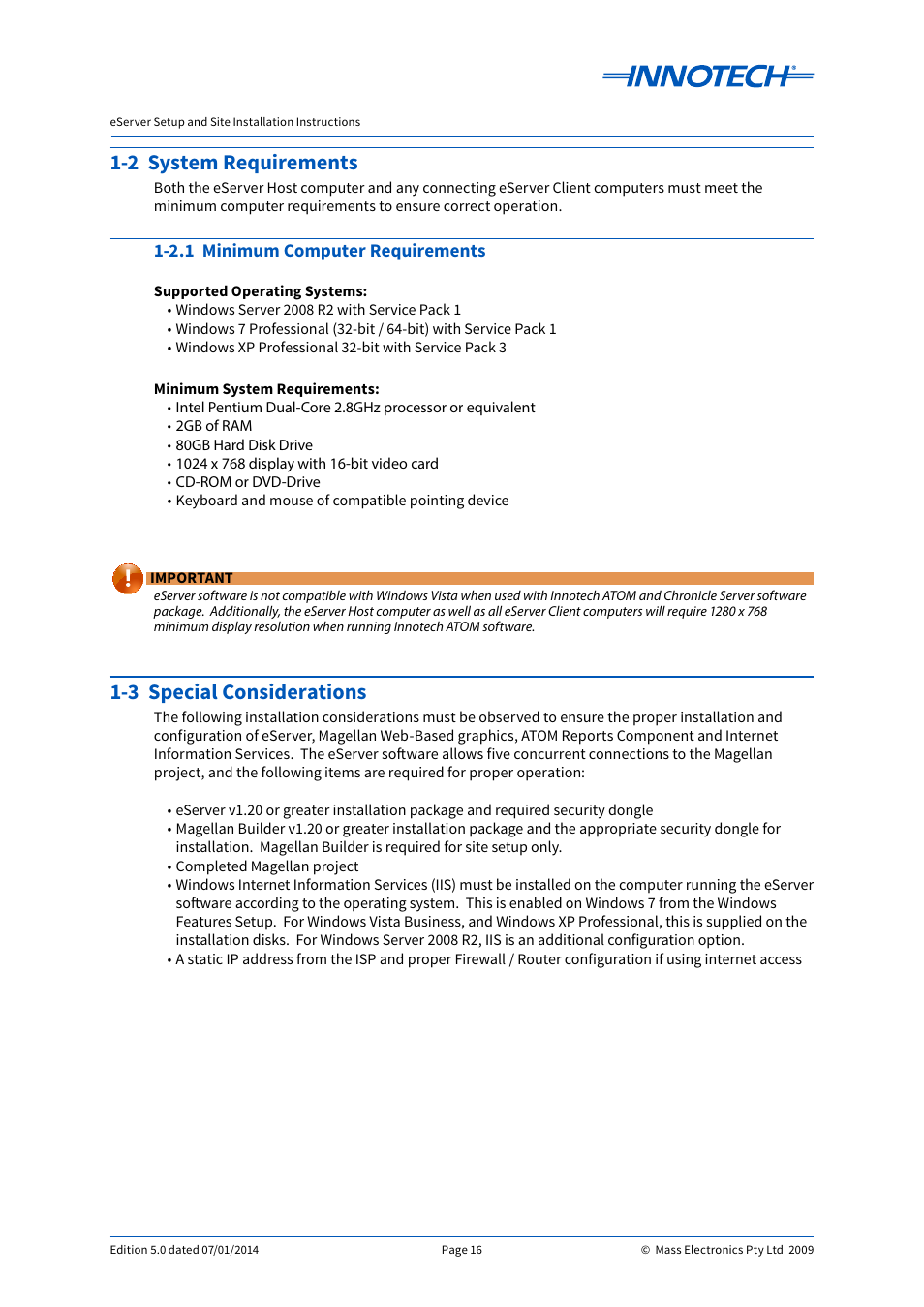 2 system requirements, 2.1 minimum computer requirements, 3 special considerations | Innotech eServer User Manual | Page 16 / 118