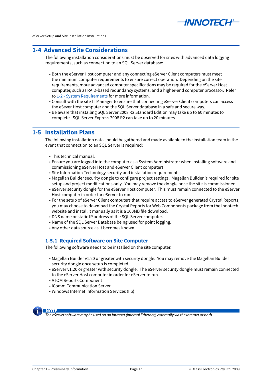 4 advanced site considerations, 5 installation plans, 5.1 required software on site computer | Innotech eServer User Manual | Page 17 / 118