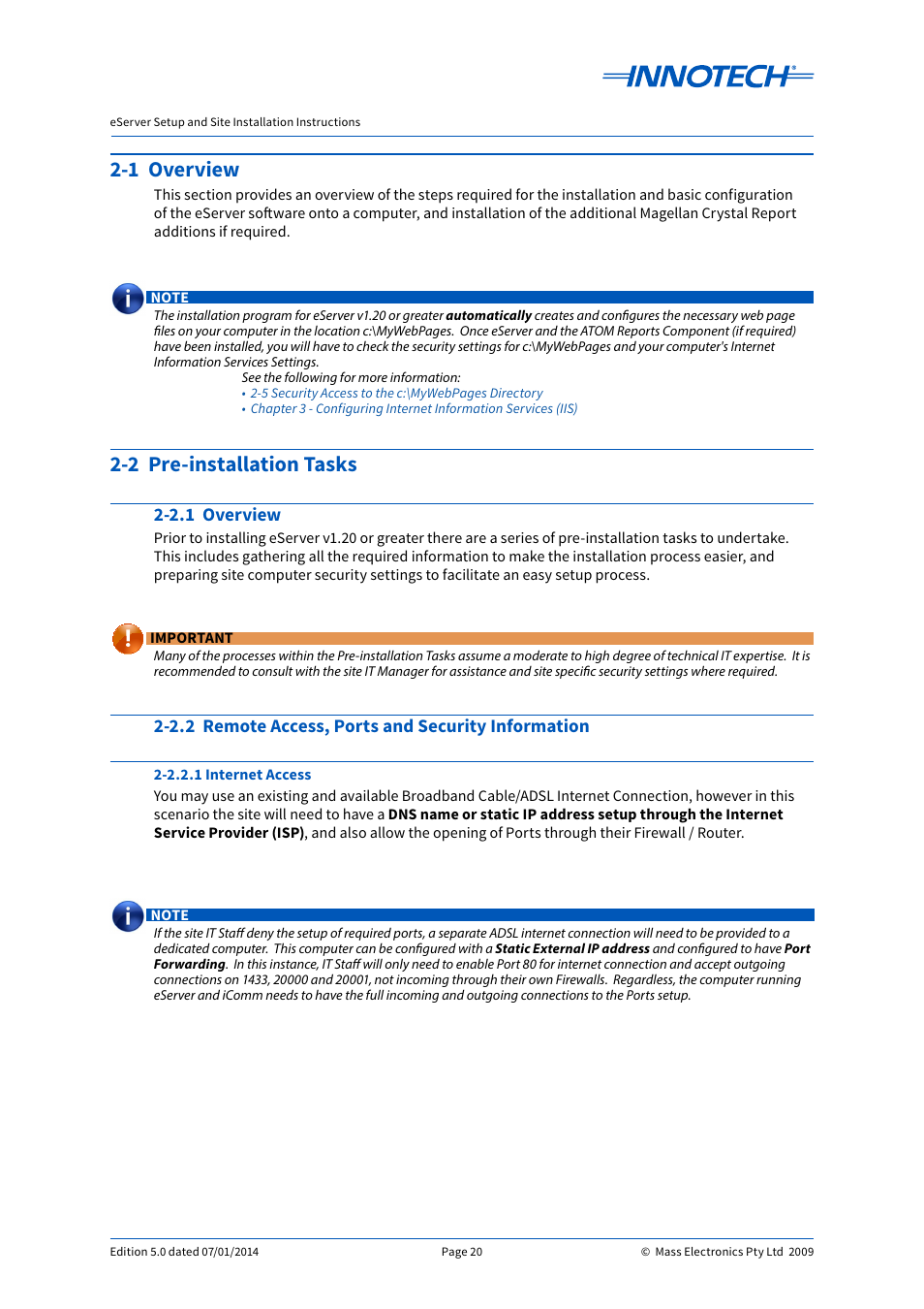 1 overview, 2 pre-installation tasks, 2.1 overview | 2.2 remote access, ports and security information, 1 overview 2-2 pre-installation tasks | Innotech eServer User Manual | Page 20 / 118