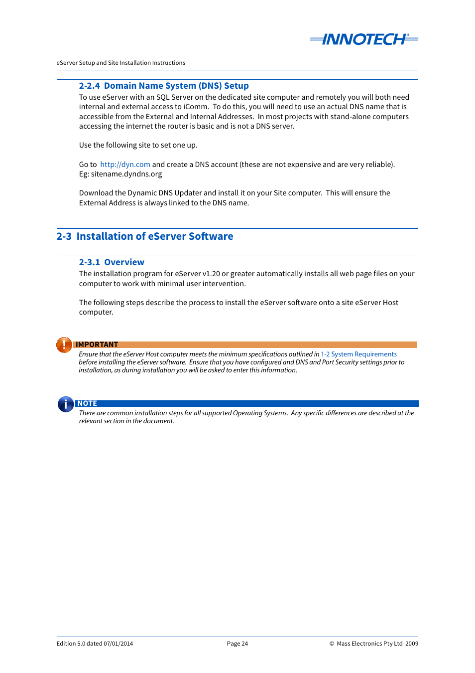 3 installation of eserver software, 3.1 overview, 2.4 domain name system (dns) setup | 3.1 overview 2-2.4 domain name system (dns) setup | Innotech eServer User Manual | Page 24 / 118