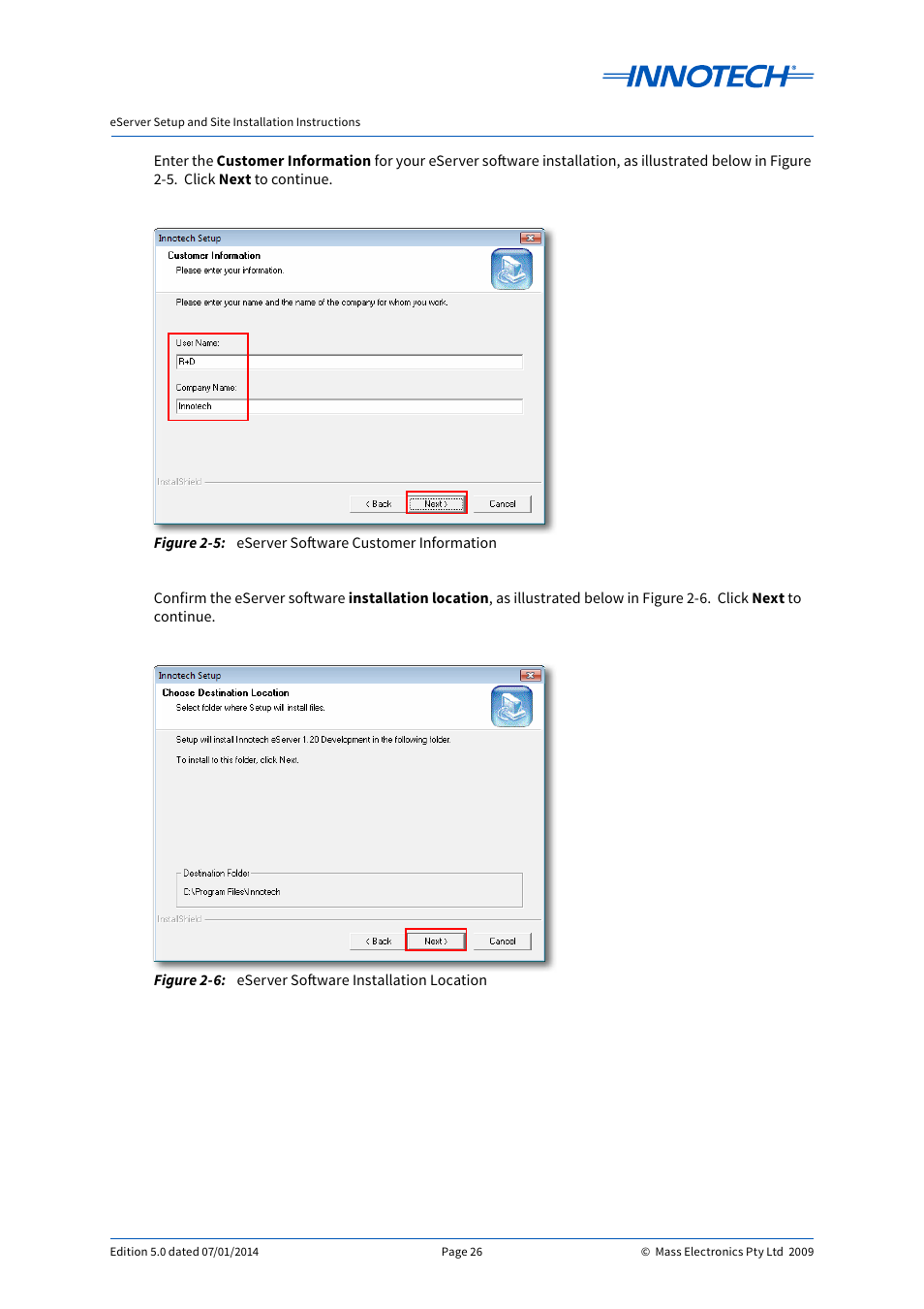 Eserver software customer information, Eserver software installation location | Innotech eServer User Manual | Page 26 / 118