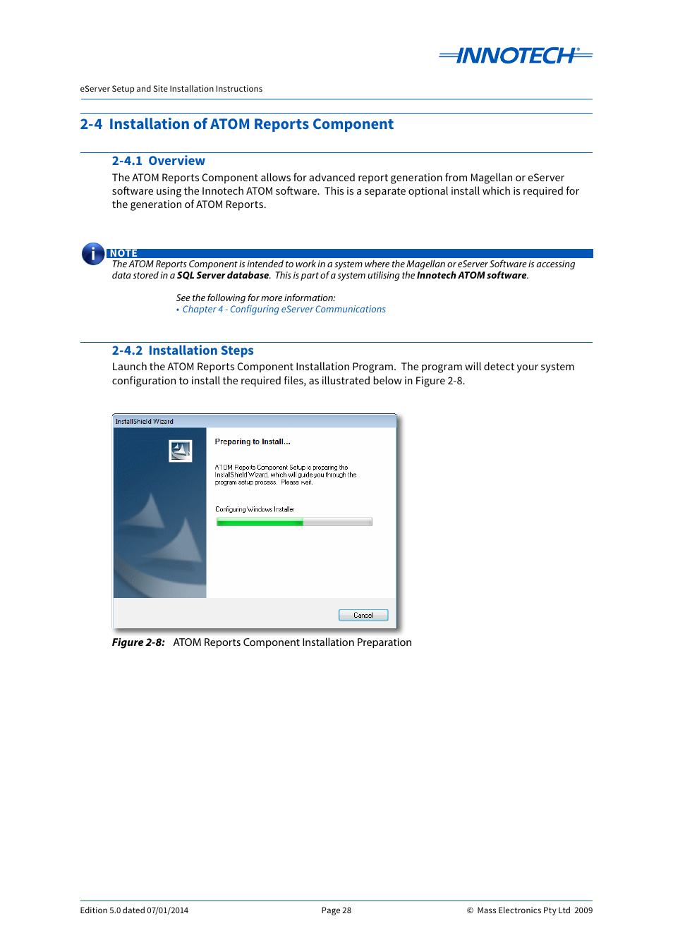 4 installation of atom reports component, 4.1 overview, 4.2 installation steps | Atom reports component installation preparation, 4.1 overview 2-4.2 installation steps | Innotech eServer User Manual | Page 28 / 118