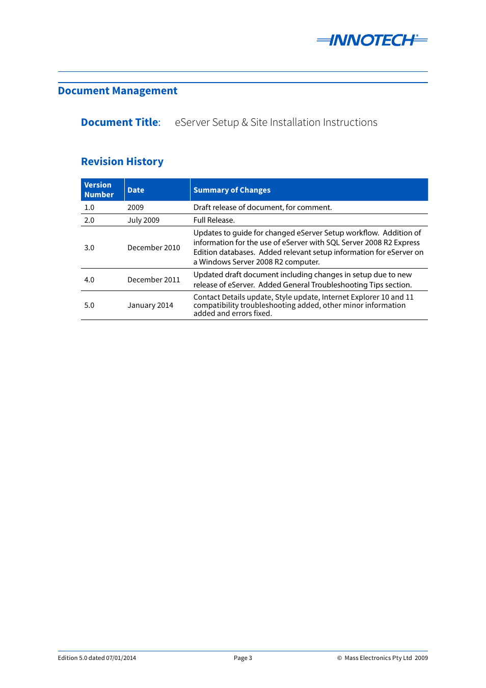 Document management document title | Innotech eServer User Manual | Page 3 / 118