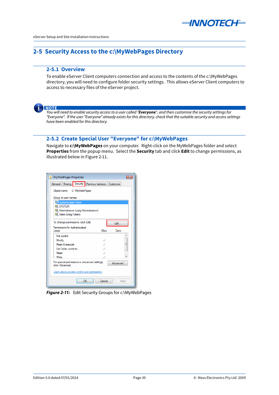 5.1 overview, E 2-11, 5 security access to the c:\mywebpages directory | Innotech eServer User Manual | Page 30 / 118