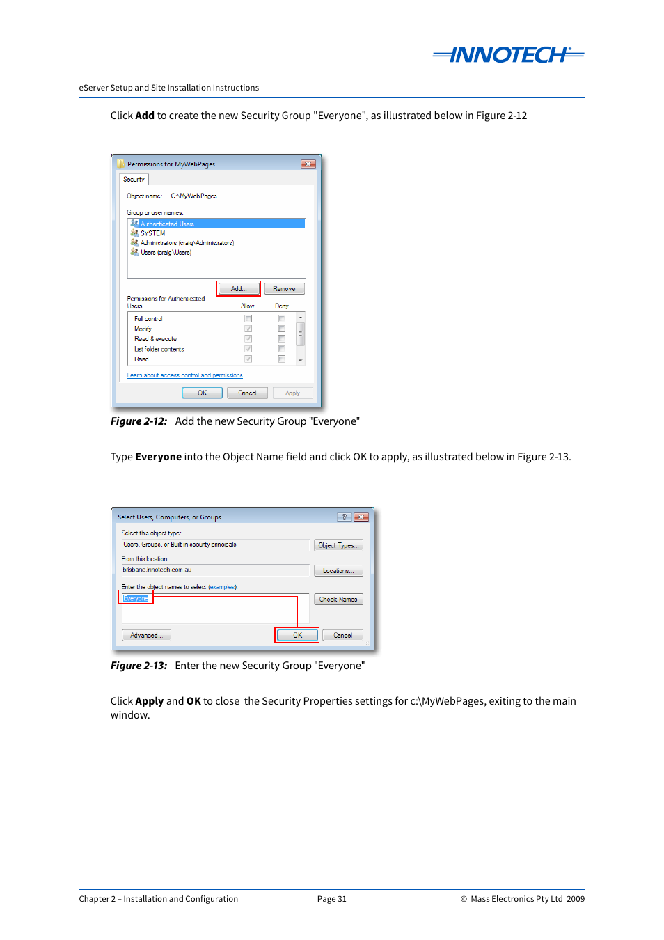 Add the new security group "everyone, Enter the new security group "everyone, E 2-12 | E 2-13 | Innotech eServer User Manual | Page 31 / 118