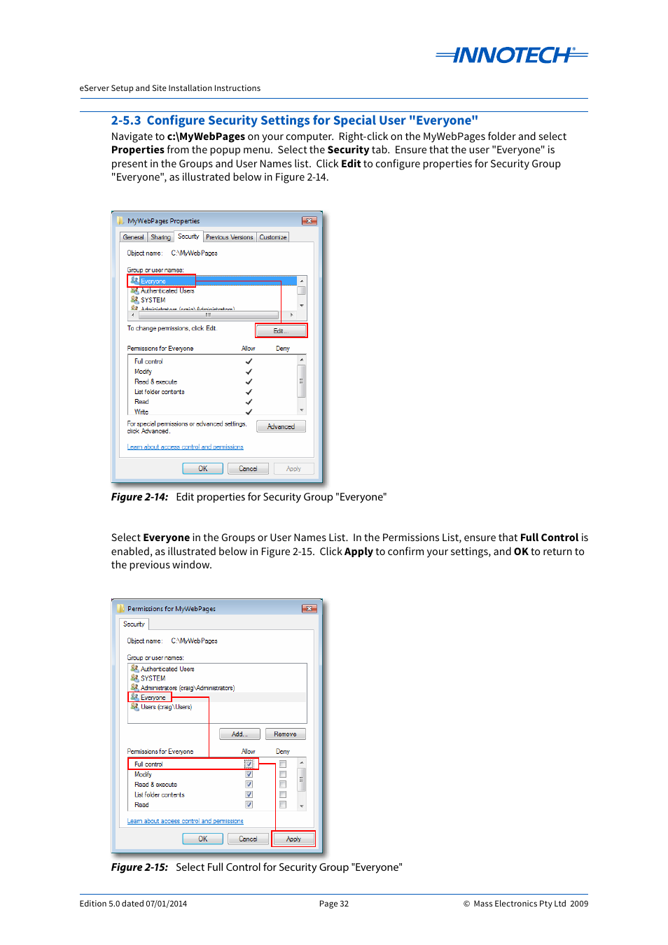Edit properties for security group "everyone, Select full control for security group "everyone, E 2-14 | E 2-15 | Innotech eServer User Manual | Page 32 / 118