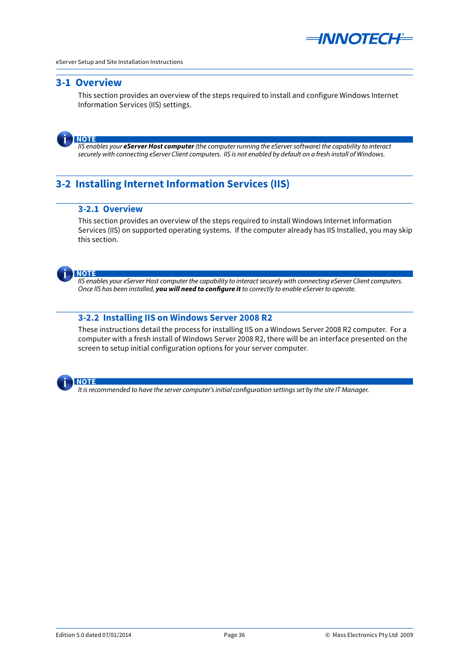 1 overview, 2 installing internet information services (iis), 2.1 overview | 2.2 installing iis on windows server 2008 r2 | Innotech eServer User Manual | Page 36 / 118