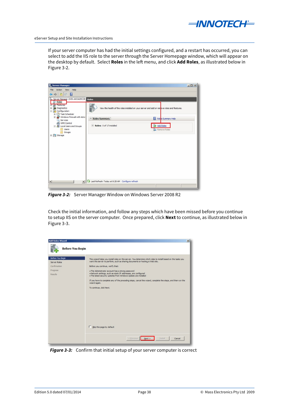 Server manager window on windows server 2008 r2 | Innotech eServer User Manual | Page 38 / 118