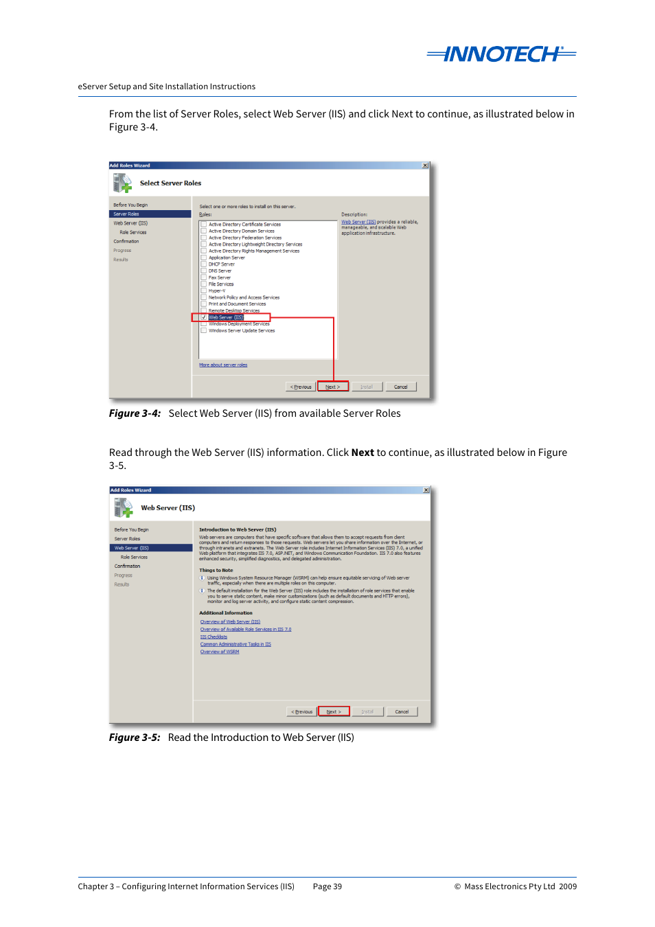 Read the introduction to web server (iis) | Innotech eServer User Manual | Page 39 / 118