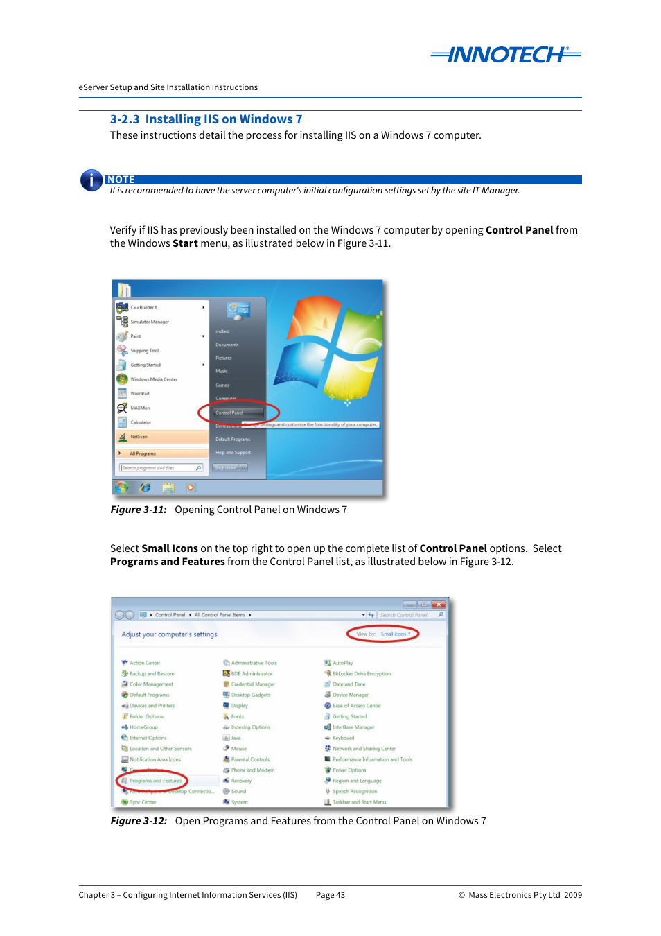 2.3 installing iis on windows 7, Opening control panel on windows 7, E 3-11 | E 3-12 | Innotech eServer User Manual | Page 43 / 118