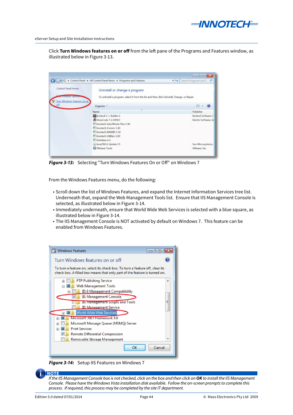 Setup iis features on windows 7, E 3-13, E 3-14 | Innotech eServer User Manual | Page 44 / 118