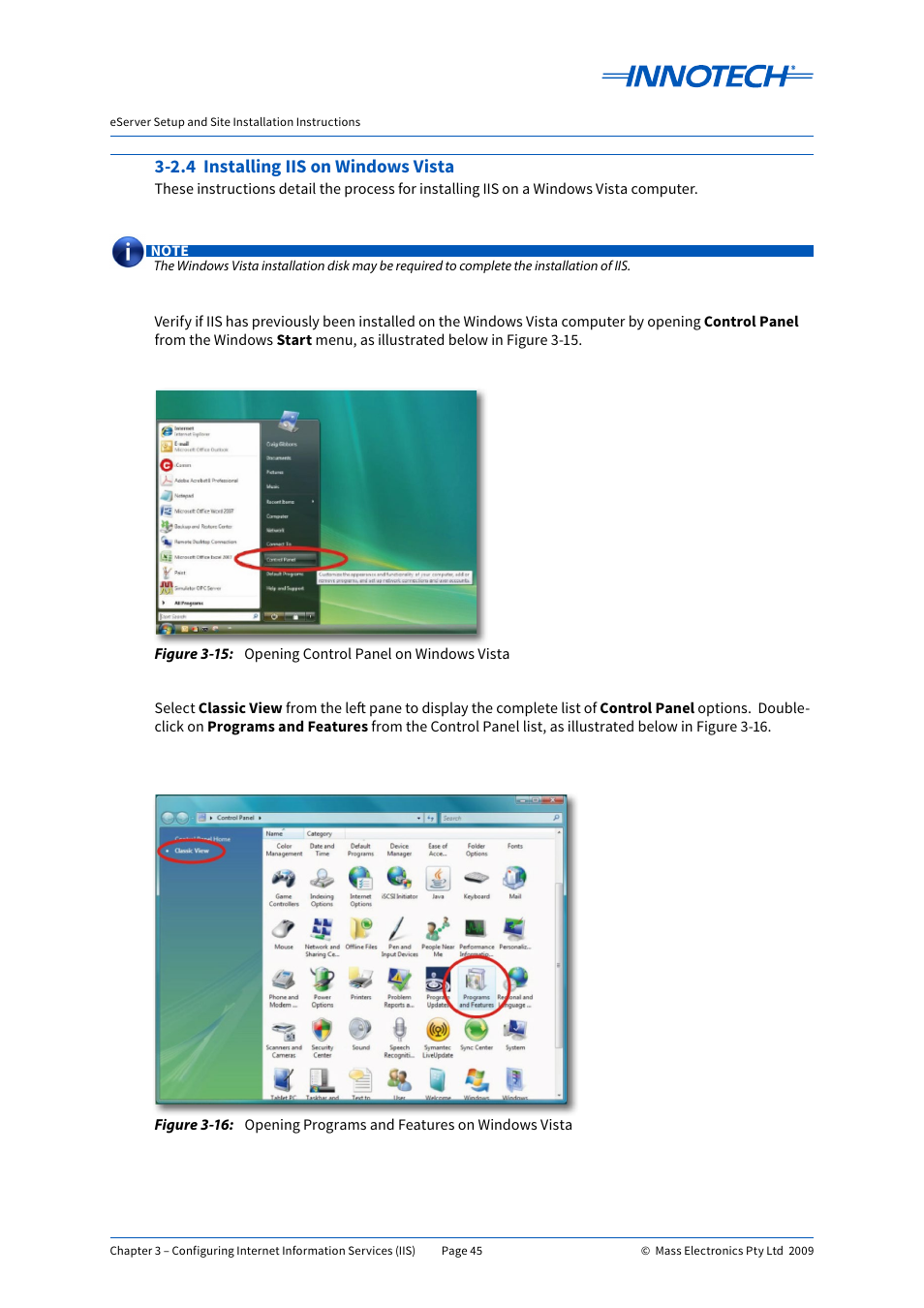 2.4 installing iis on windows vista, Opening control panel on windows vista, Opening programs and features on windows vista | E 3-15, E 3-16 | Innotech eServer User Manual | Page 45 / 118
