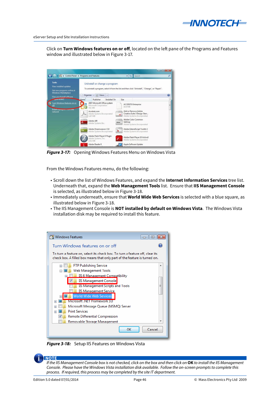 Opening windows features menu on windows vista, Setup iis features on windows vista, E 3-17 | E 3-18 | Innotech eServer User Manual | Page 46 / 118