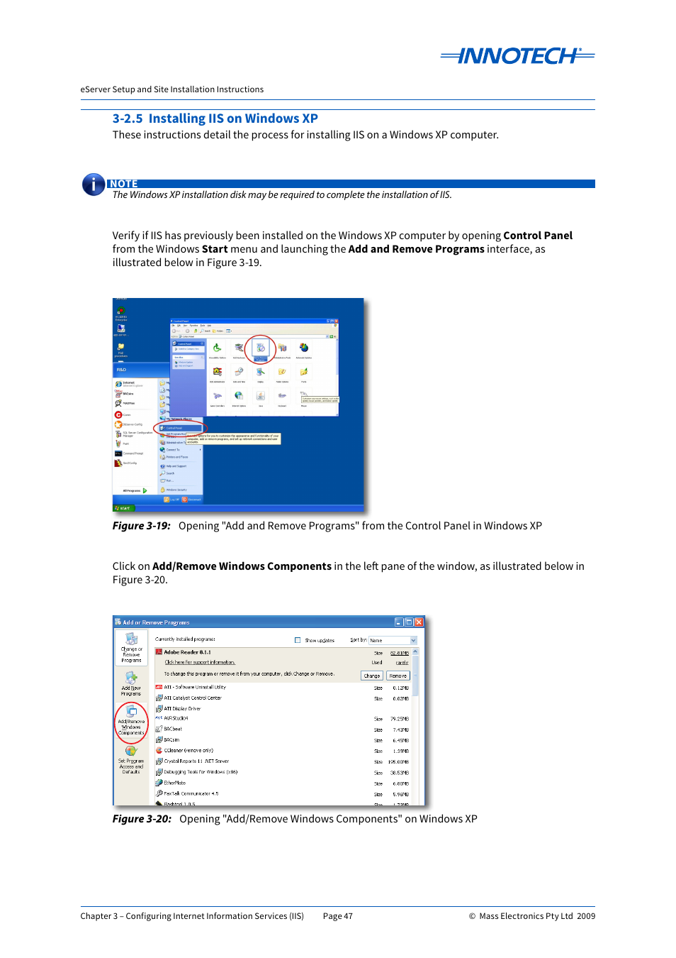 2.5 installing iis on windows xp, E 3-19, E 3-20 | Innotech eServer User Manual | Page 47 / 118