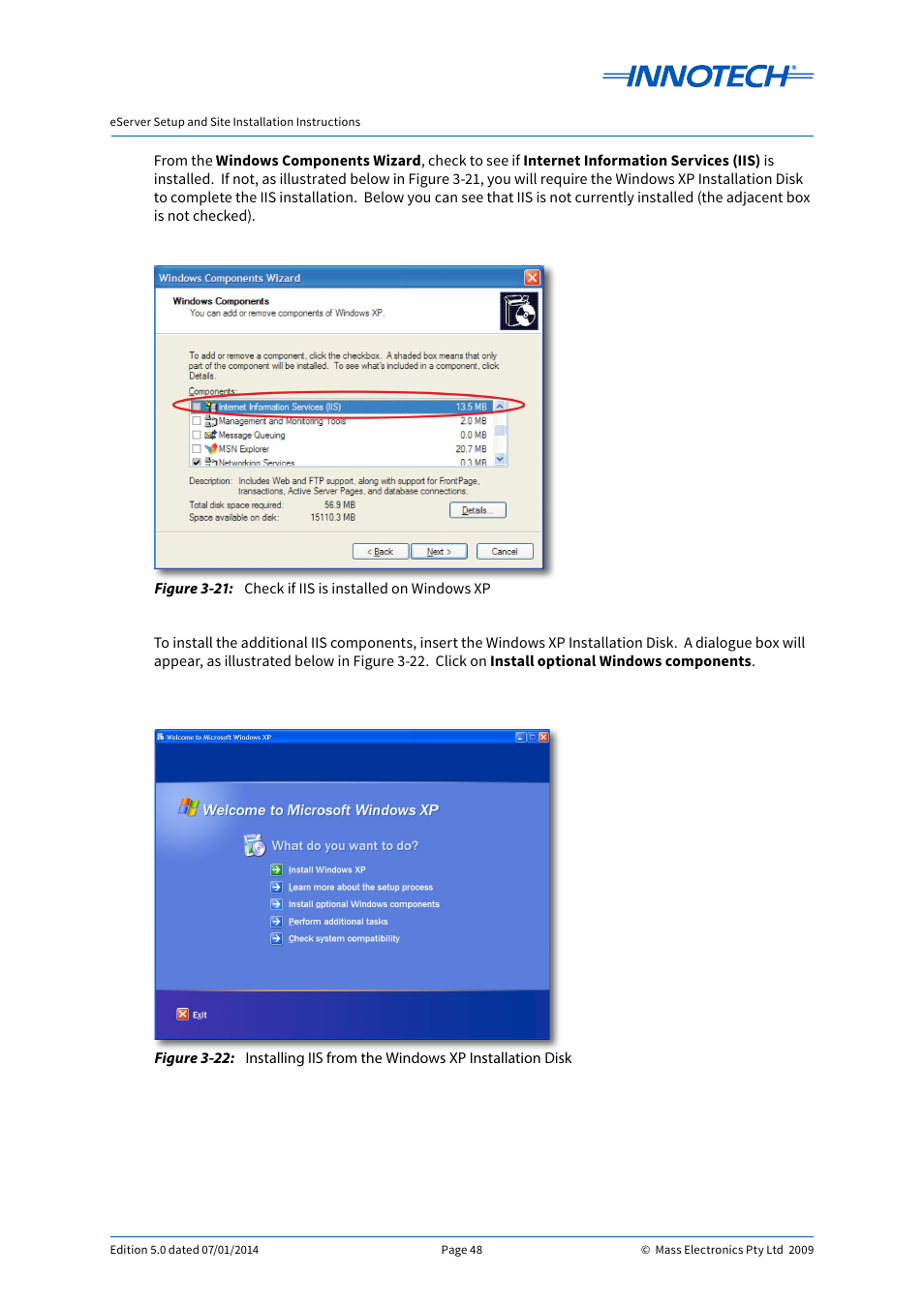 Check if iis is installed on windows xp, E 3-21, E 3-22 | Innotech eServer User Manual | Page 48 / 118