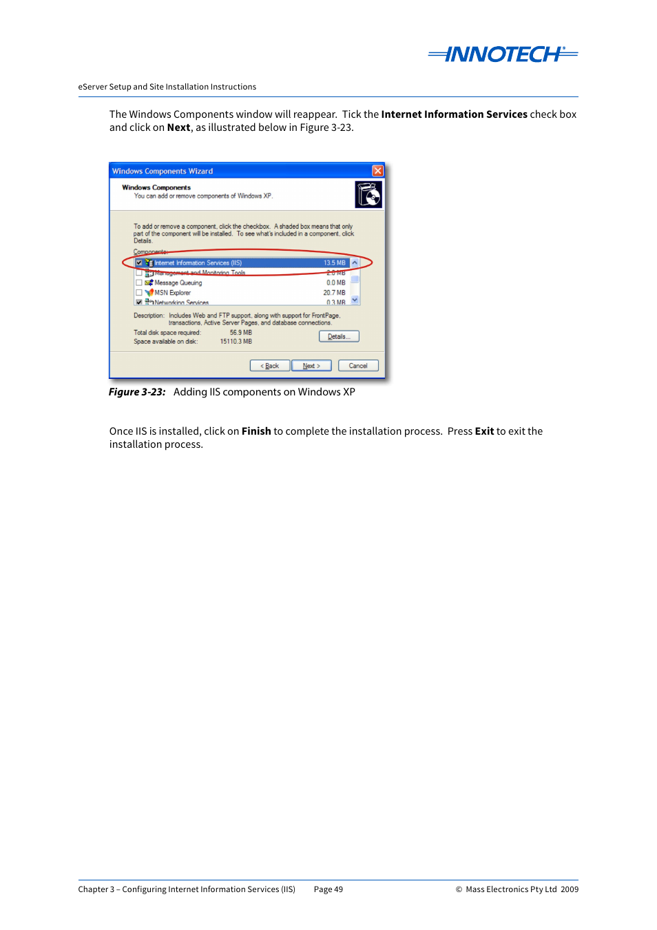 Adding iis components on windows xp, E 3-23 | Innotech eServer User Manual | Page 49 / 118