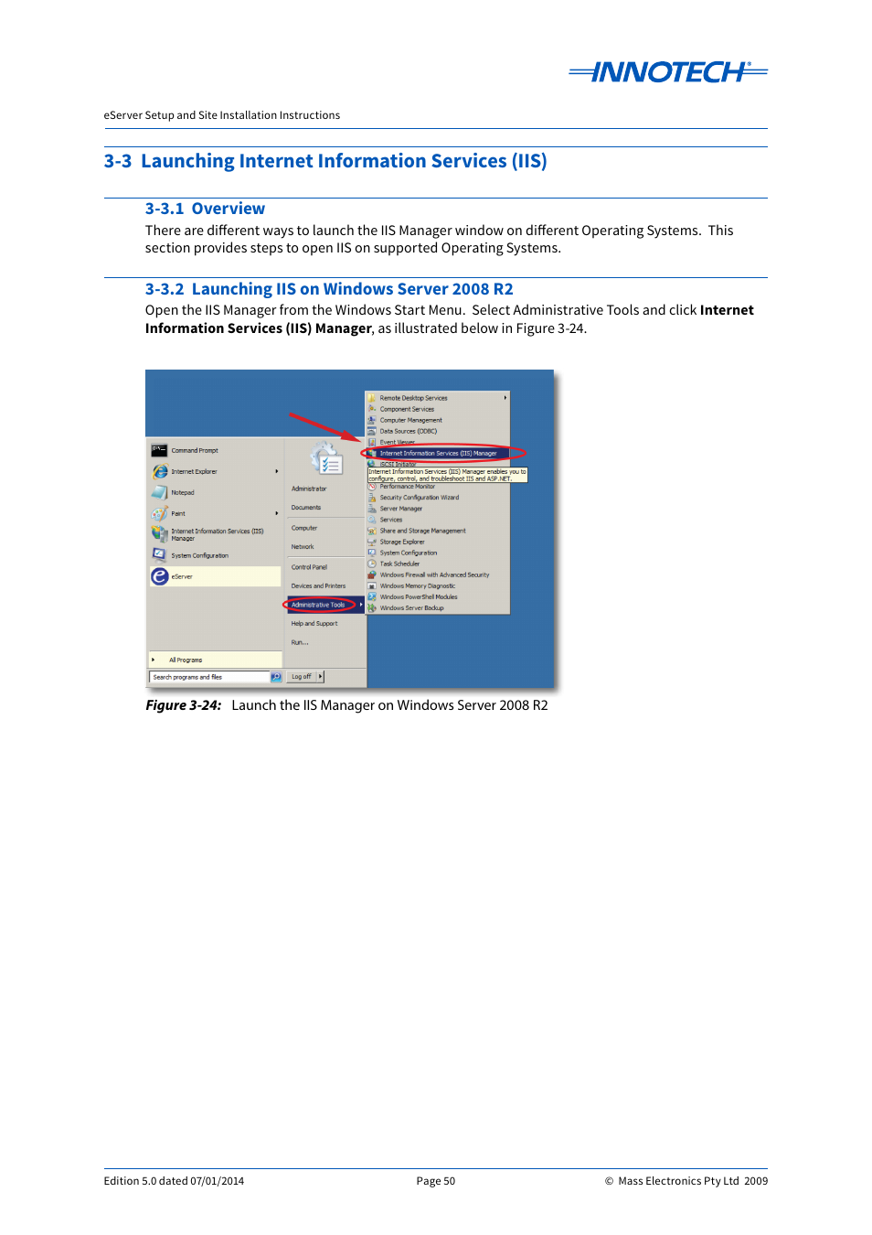 3 launching internet information services (iis), 3.1 overview, 3.2 launching iis on windows server 2008 r2 | Launch the iis manager on windows server 2008 r2, E 3-24 | Innotech eServer User Manual | Page 50 / 118