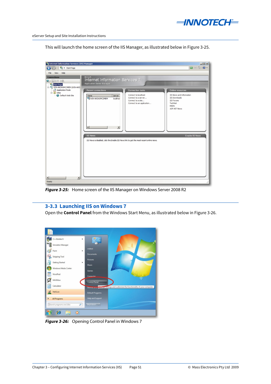 3.3 launching iis on windows 7, Opening control panel in windows 7, E 3-25 | E 3-26 | Innotech eServer User Manual | Page 51 / 118