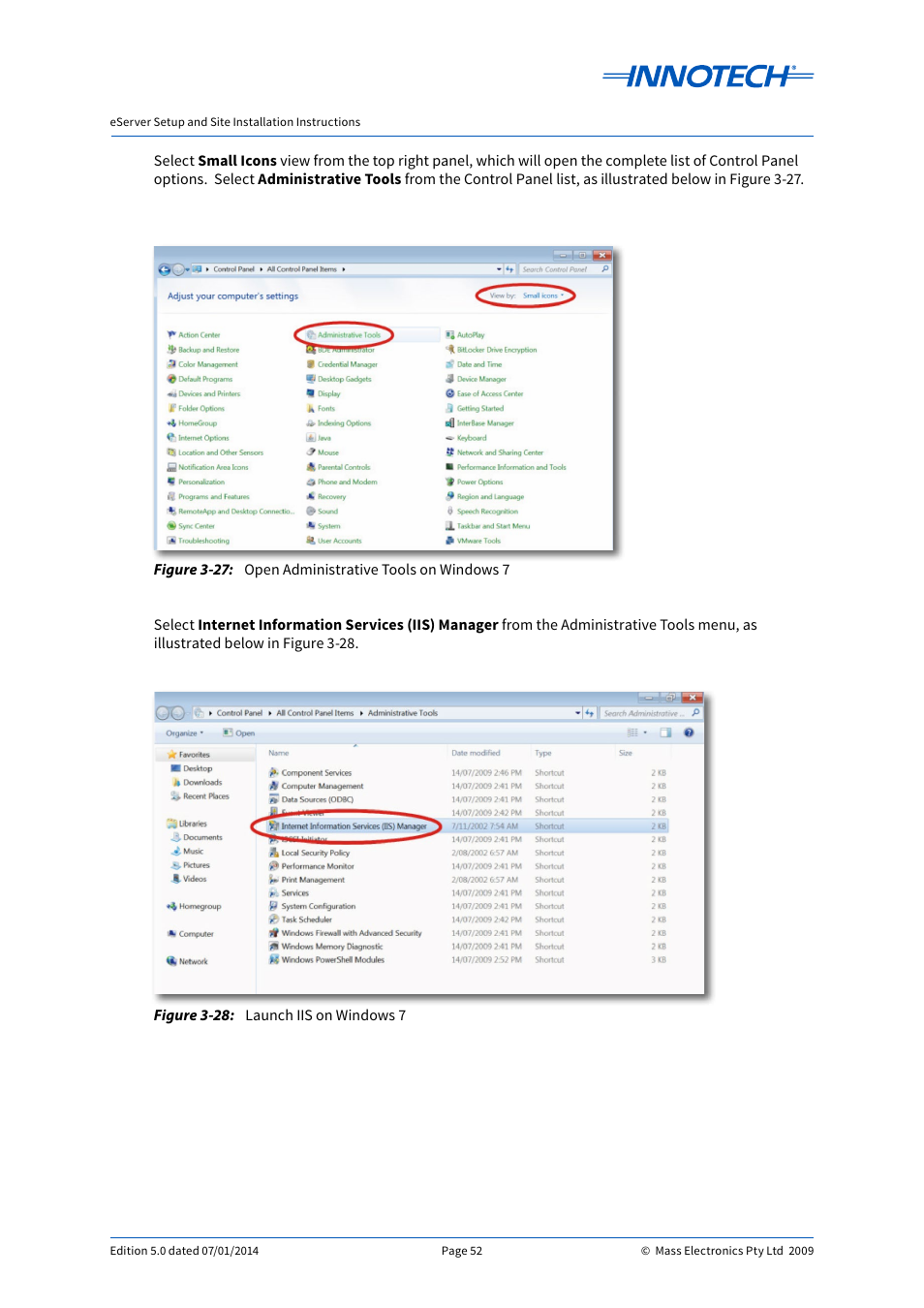 Open administrative tools on windows 7, Launch iis on windows 7, E 3-27 | E 3-28 | Innotech eServer User Manual | Page 52 / 118