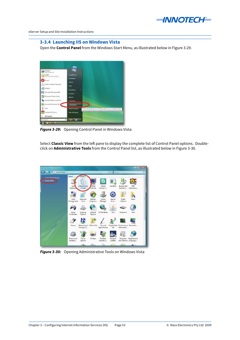 3.4 launching iis on windows vista, Opening control panel in windows vista, Opening administrative tools on windows vista | E 3-29, E 3-30 | Innotech eServer User Manual | Page 53 / 118