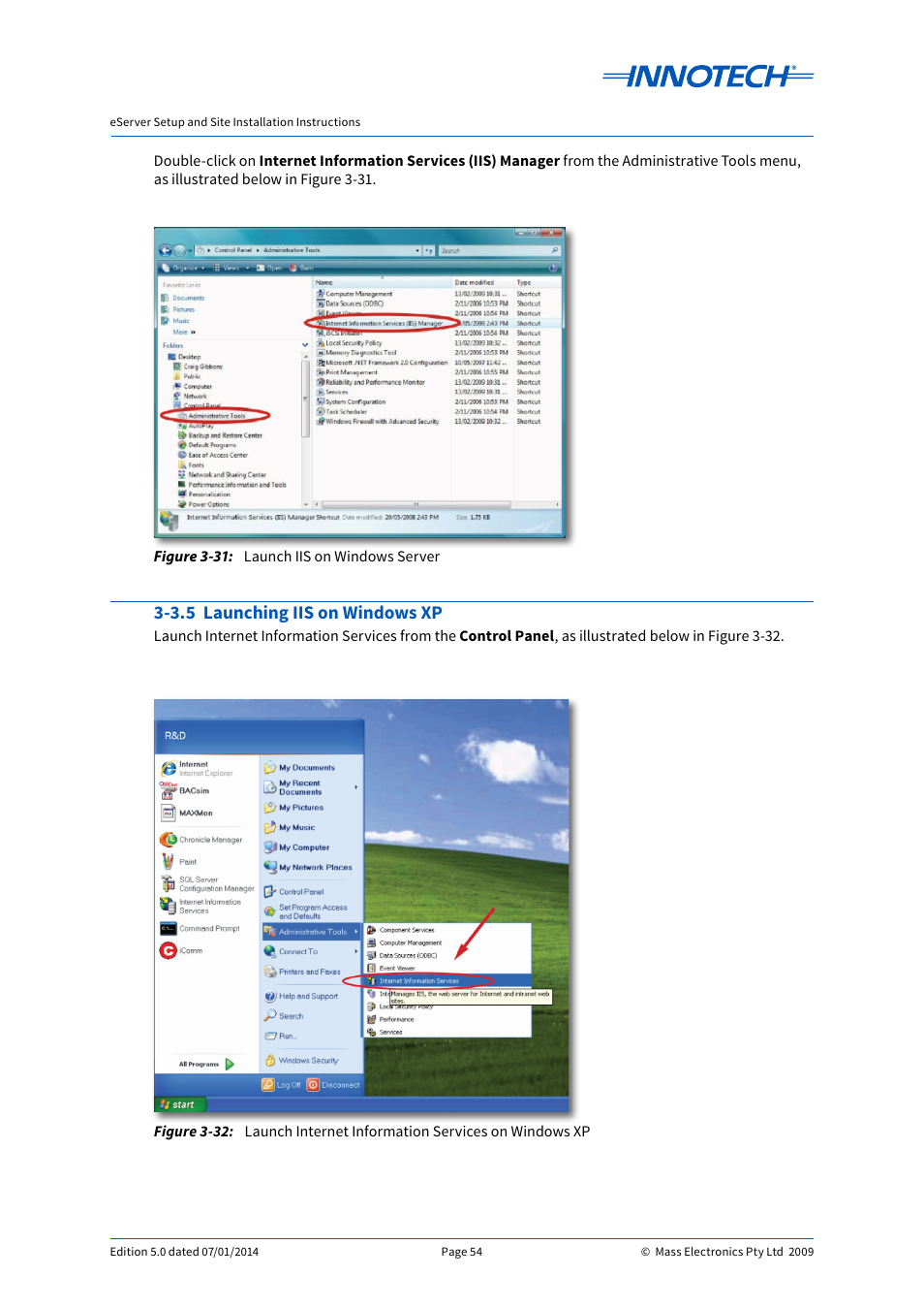 3.5 launching iis on windows xp, Launch iis on windows server, Launch internet information services on windows xp | E 3-31, E 3-32 | Innotech eServer User Manual | Page 54 / 118