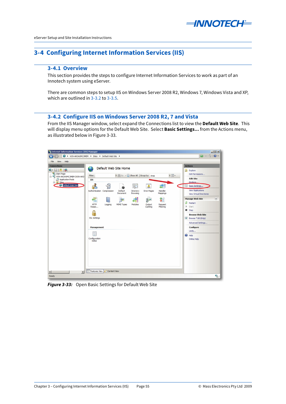 4 configuring internet information services (iis), 4.1 overview, Open basic settings for default web site | E 3-33 | Innotech eServer User Manual | Page 55 / 118