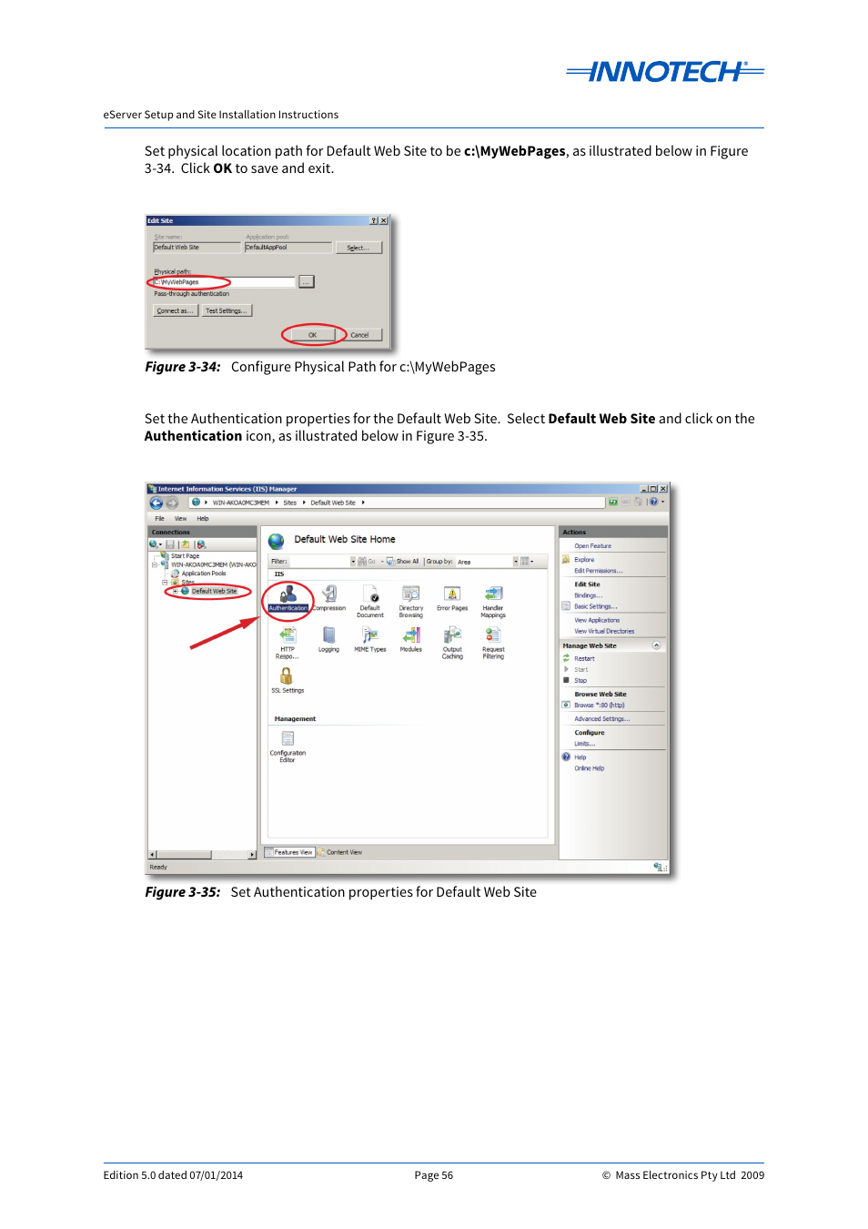 Set authentication properties for default web site, E 3-34, E 3-35 | Innotech eServer User Manual | Page 56 / 118