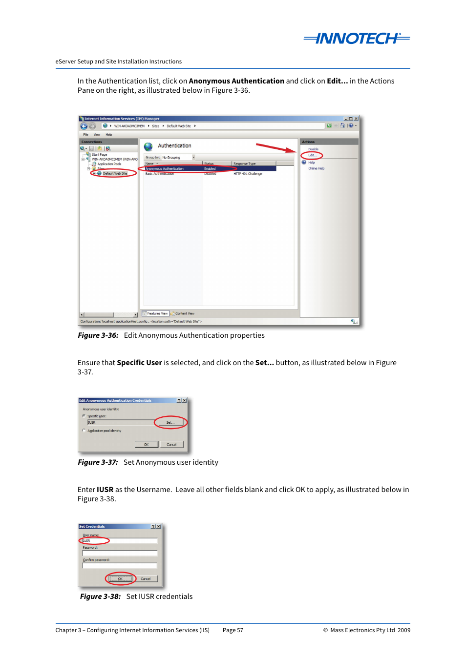 Edit anonymous authentication properties, Set anonymous user identity, Set iusr credentials | E 3-36, E 3-37, E 3-38 | Innotech eServer User Manual | Page 57 / 118